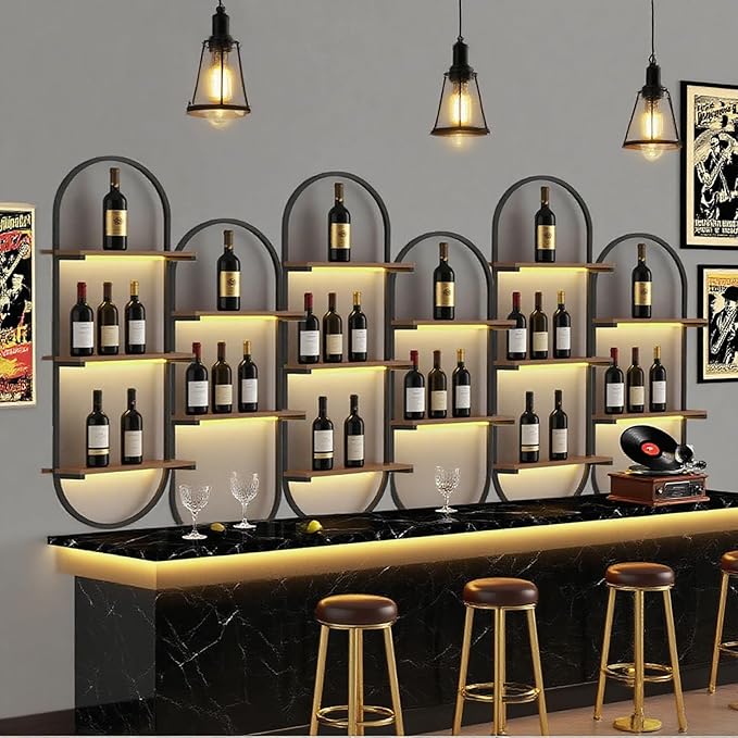 Wall Wine Rack, DIY Wood Bottles Storage Wine Rack for Wall, 3-Tiers Liquor Floating Shelves, for Kitchen, Dining Room, Bar, Wine Cellar (Black, 6PCS)