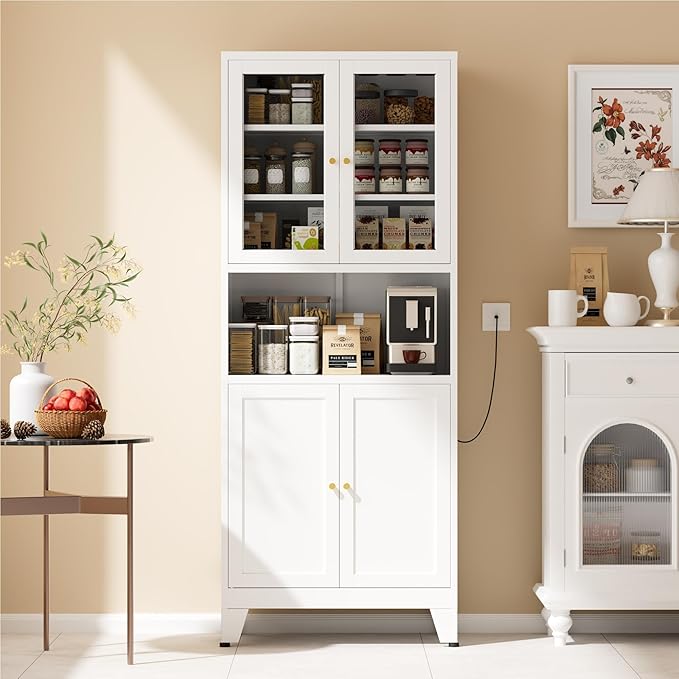 COFaR 69" Tall Modern Kitchen Pantry,Metal Storage Cabinet with Shelves 竊?Glass Doors for Display,Pantry Storage Cabinet,Freestanding Cupboard for Kitchen,Dining Room,Living Room,Bathroom,White
