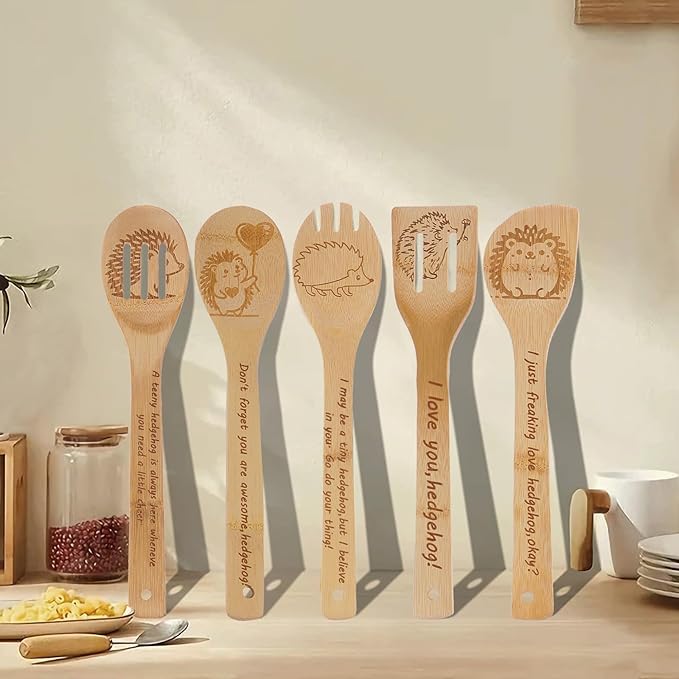 5PCS Hedgehog Wooden Cooking Spoons Kitchen Decor Hedgehog Gifts for Women Men Hedgehog Lovers Birthday Gifts Party Favors Housewarming Wedding Bamboo Cooking Spoons for Everyday Use