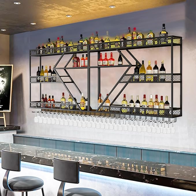 78.7in Metal Wine Rack Wall Mounted, Modern Wine Storage Rack Wall Mounted with Wine Glass Holder, Liquor Shelf, Bar Shelves for Liquor Bottles (3 Tiers Gold, 78.7 * 7.87 * 33.85INCH)