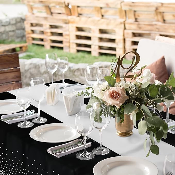 16Pack Disposable Plastic Tablecloths and Satin Table Runner Set Black and Silver Dot Tablecloth Silver Satin Table Runner for Wedding Birthday Baby Shower Anniversary Christmas New Year Party Supply