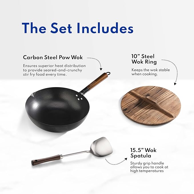 New Star Foodservice 1029154 Hand Hammered Carbon Steel, Non-Stick Wok Carbon Steel, Includes 12.7" Round Bottom, Wooden Lid, and Spatula (Hand Wash Recommended)
