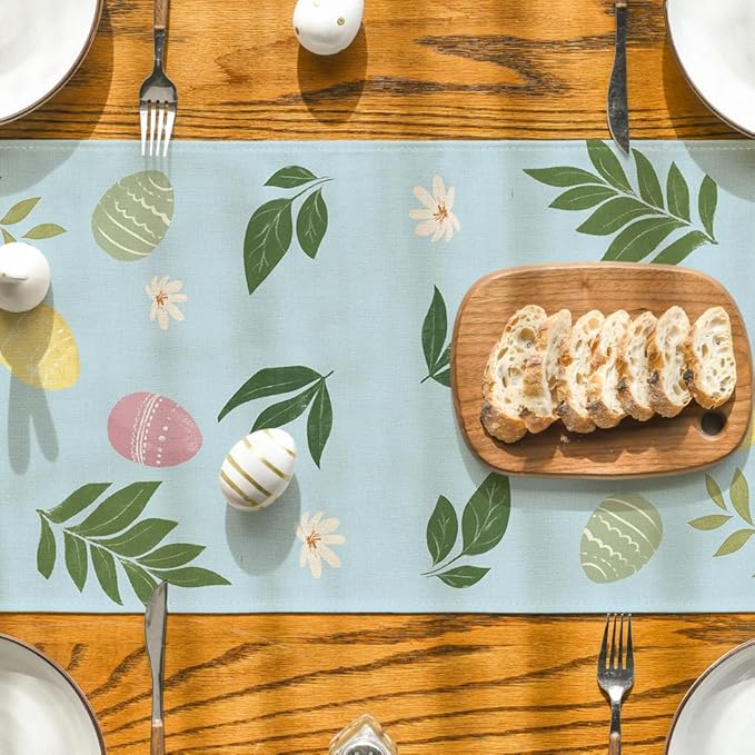Artoid Mode Blue Bunny Eggs Leaves Flowers 210 GSM Easter Table Runner, Seasonal Spring Kitchen Dining Table Decoration for Home Party Decor 13x36 Inch