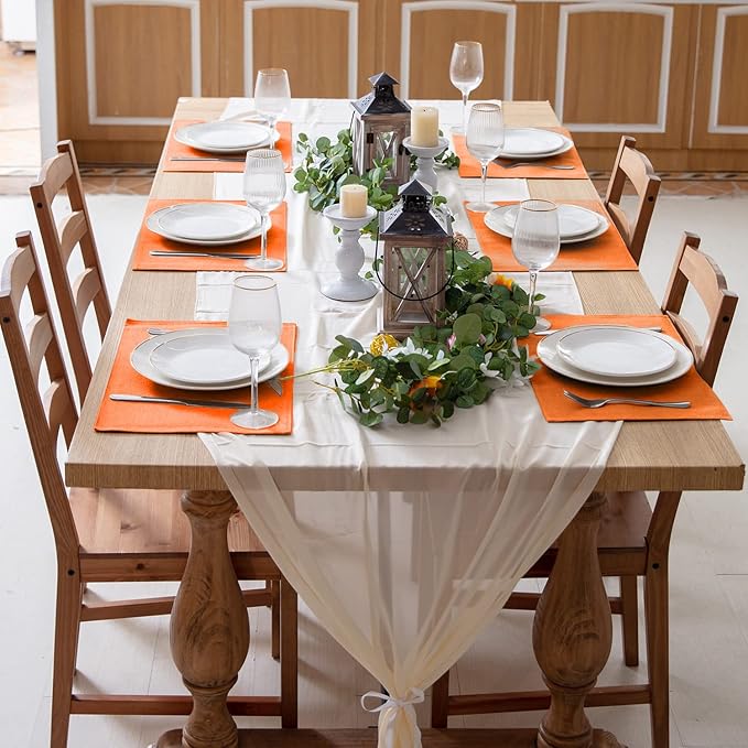 Rinpon Linen Placemats Set of 8, Machine Washable, Heat Resistant, Wrinkle Free, Thick Polyester Kitchen Place Mats for Dining Table (Orange)
