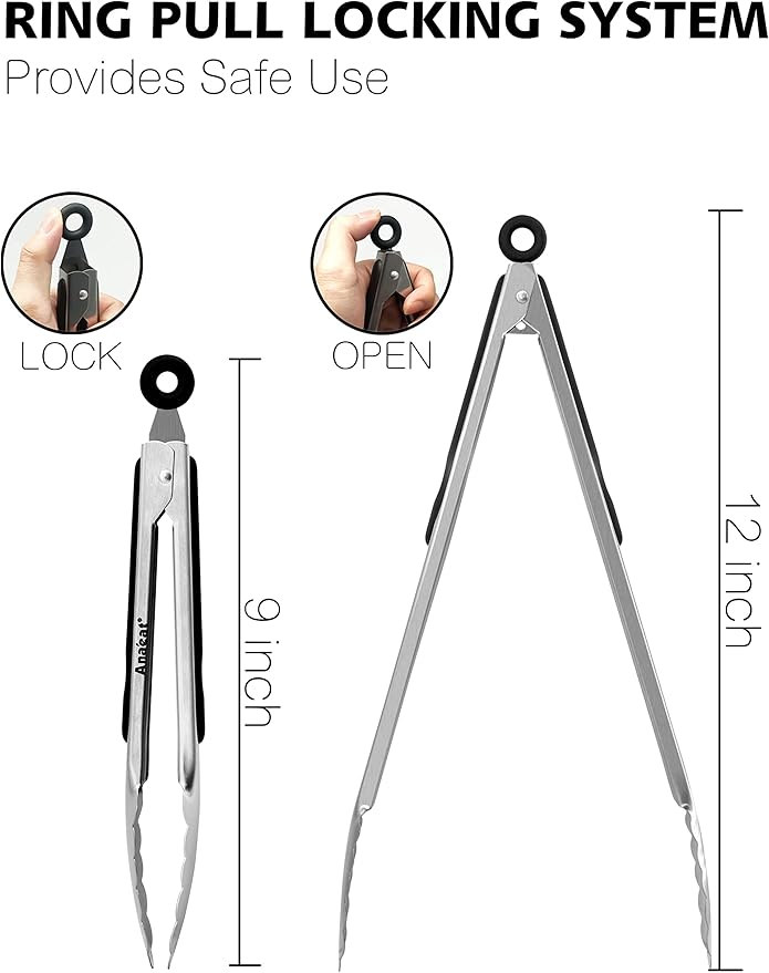 Anaeat Premium Stainless Steel Kitchen Tong Set of 2 - Sturdy Coiled Spring 9" and 12" Locking Food Tong with Non-Slip Silicone Grip for Cooking, Baking, Grilling, BBQ - Heat Resistant up to 480째F