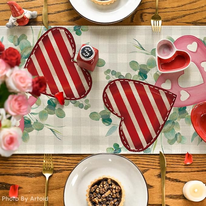 Artoid Mode Eucalyptus Polka Dot Hearts Valentine's Table Runner, HoliKitchen Dining Table Decoration for Home Party Indoor 13x72 Inch