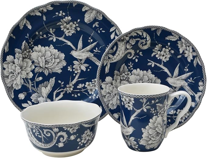 222 Fifth Adelaide 16-Piece Dark Blue Porcelain Dinnerware Set ??Service for 4, Plate, Bowl & Mug Set, Bird & Floral Design, for Everyday Dining & Entertainment, Microwave & Dishwasher Safe
