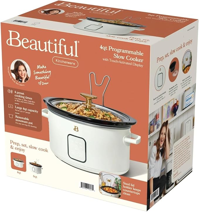 Beautiful 4-Qt Digital Slow Cooker with Smart Touch Screen, Removable Pot, Timer Presets, Ideal for Small Families