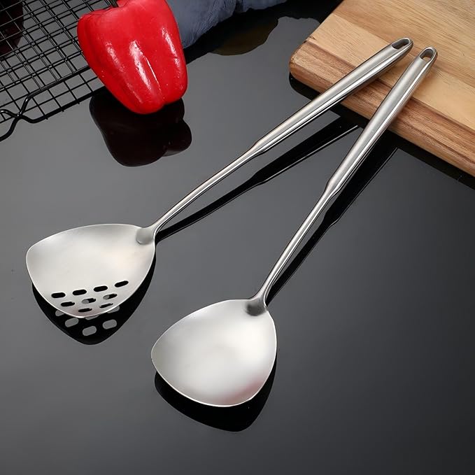 6Pcs Stainless Steel Kitchen Utensils Set ??Cooking Utensils Set Stainless Steel, Metal Cooking Utensils with Wok Spatula, Serving Spoons,Ladle Set??Durable Cooking Supplies for Home and Camping