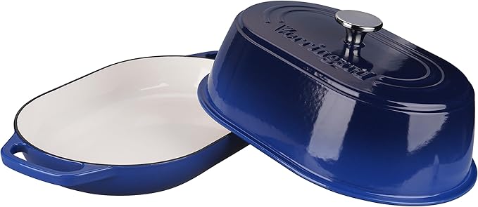 Enameled Cast Iron Dutch Oven Pot with Dome Lid, Oval Bread Oven for Homemade Sourdough Bread Baking, Oven Safe up to 500째F, 6 Quart, Blue