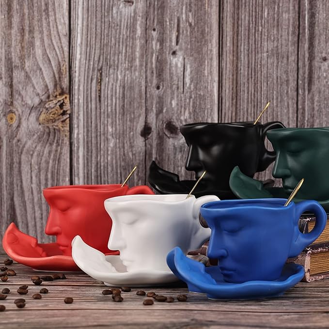 oliruim Blue Coffee Cup and Saucer Set - Ceramic Unique Kissing 8.5 oz Coffee Mug Set with Spoon, Face Coffee Cup and Saucer for Valentine, Wedding, Anniversary Decor (Blue)