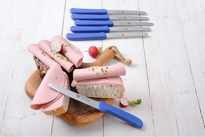 GR횆WE table knife 6 pieces, set for cutting, pack of 6 bread knives, for breakfast with serrated edge on one side, length 8.3 inch - handle color blue