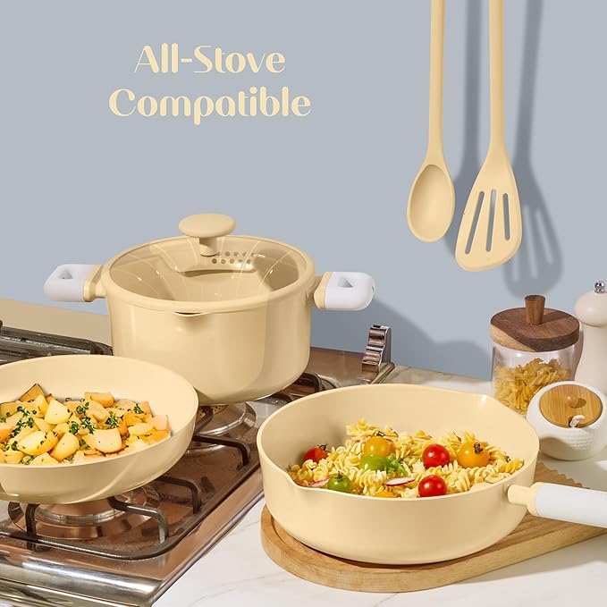 CAROTE Pots and Pans Set Nonstick, Ceramic Cookware Set, Yellow Cooking Set Kitchen Induction Set with Steamer, PFAS PTFE Free,9 Piece