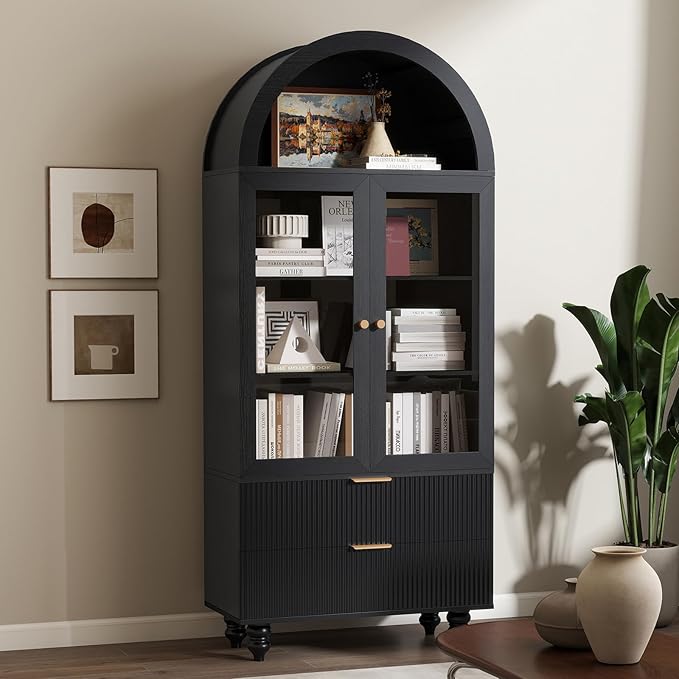 71" Tall Arched Pantry Cabinet with Glass Door, Fluted Kitchen Storage Cabinets with Shelves and Large Drawers, Wooden Buffet Cabinet Credenza for Living Room, Entryway, Coffee Station, Black