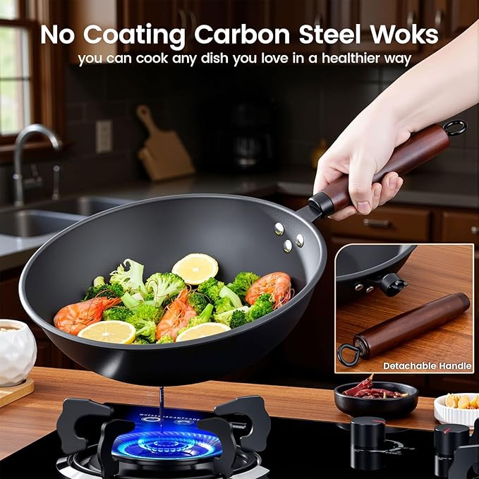 13-inch Round-Bottom Deep-Nitrided Carbon Steel Wok with Tempered Glass Lid & 304 Stainless Steel Rack, Naturally Nonstick After Seasoning, for Induction Wok Cooktops & Gas Stoves