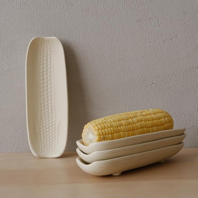 WENSHUO Ceramic Corn Cob Holders, Corn Dishes Set of 4, Microwave Safe, L9 * W3, Matte Cr챔me (Matte Cr챔me)