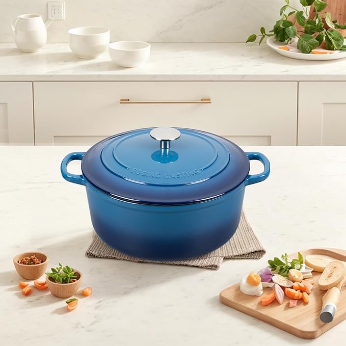 Enameled Cast Iron Dutch Oven Pot with Lid, 7 Quart, Round Dutch Ovens for Bread Baking, Bread Oven, Oven Safe up to 500째F, Lake Blue