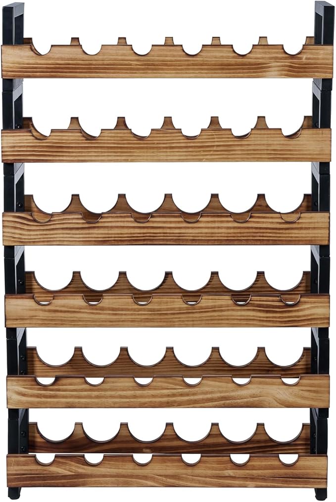 MyGift 6-Tier Wine Rack for 36 Bottles ??Freestanding Industrial Wine Bottle Holder with Burnt Wood Shelves & Black Metal Frame ??Large Horizontal Storage Stand for Home Bar, Kitchen, Cellar