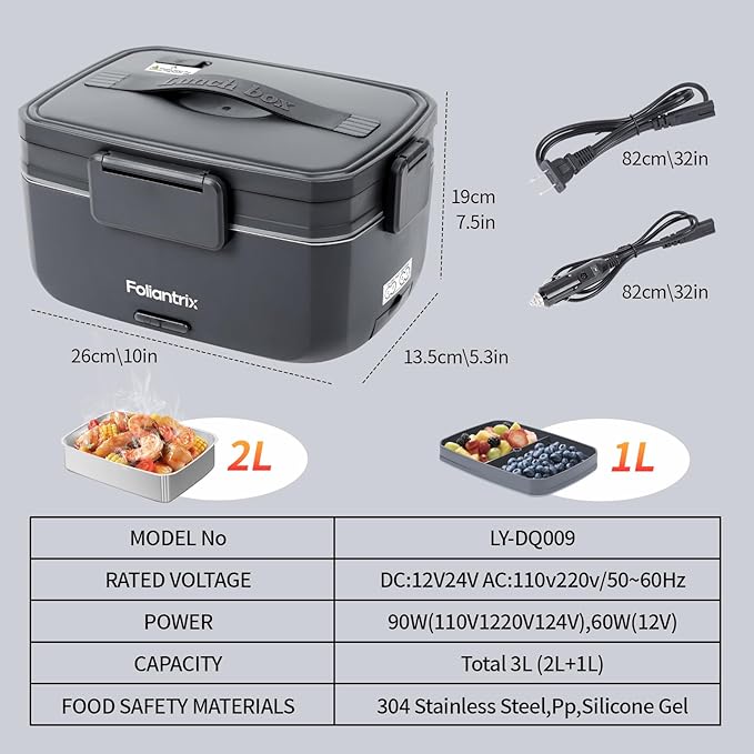 Foliantrix Heated Lunch Box 90W Electric Lunch Box for Adults with 2L Stainless Steel Container Portable Food Warmer for Men/Car/Truck/Work/Travel Loncheras Para Hombres De Trabajo 12/24/110v