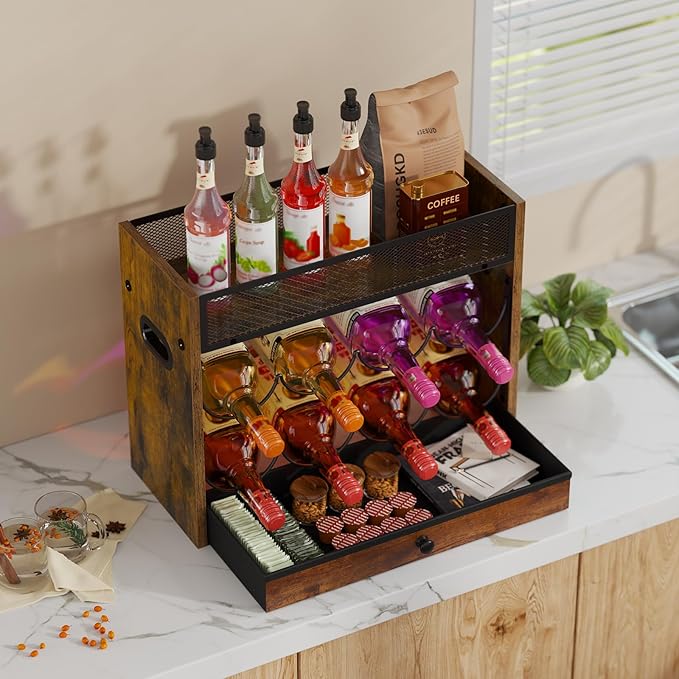 3-Tier Countertop Wine Rack, Coffee Syrup Rack Organizer With Drawer for Coffee Bar, Tabletop Liquor Bottle Display Shelf for Home Kitchens, Restaurants and Bar Counters, Holds up to 18 Bottles