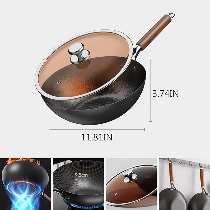 Titanium Hammered Wok with Lid, Pre-Seasoned Cast Iron Nonstick Stir-Fry Pan, Flat Bottom Wok, Scratch-Resistant Non Stick Titanium Pans for Cooking,11.81IN