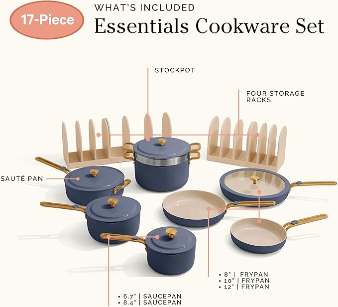 Our Place 17-Piece Essentials Complete Cookware Set - Ceramic Fry Pans, Saucepans, Saut챕 Pan, Stock Pot, Strainer Basket & Modular Storage | Thermakind??Nonstick, Oven Safe up to 450째F | Blue Salt