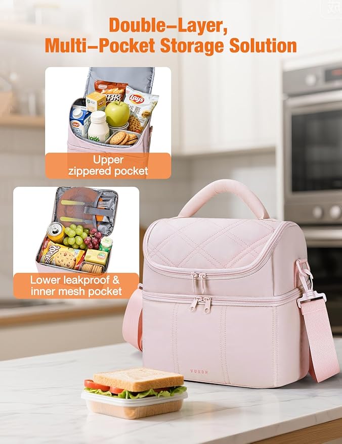 Vuudh Insulated Lunch Bags for Women, Quilted Lunch Box, Lightweight Puffy Padded Waterproof Lunch Tote, Reusable Lunch Cooler bag for Work Picnic Travel