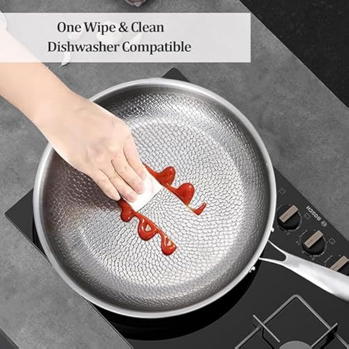 Stainless Steel Hammered Pan Pro, Titanium Full-Screen Honeycomb Wok, Fast Heating, Non-Stick Titanium Pan Without Coating, Includes Spatula and Cleaning Brush for All Cooktops (12.6in hammered*2)