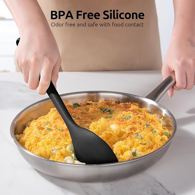 600쨘F Heat Resistant Silicone Spoon: U-Taste 13.3in Solid Kitchen Cooking Spoon, Nonstick Food Grade Large & Long Soup Rubber Utensil for Mixing, Serving, Stirring, Basting, for Pot Cookware (Black)