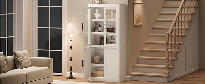 70.45??Tall Farmhouse Kitchen Pantry Cabinet, Wood Storage Cabinet with 4 Doors & Adjustable Shelves, Anti-Tip Design, Sturdy Bookcase for Kitchen/Dining/Office, Rustic White-Glass