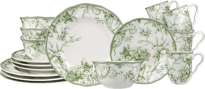 222 Fifth Adelaide Moss 16-Piece Porcelain Dinnerware Set ??Service for 4, Plates, Bowls & Mugs, Hand-Applied Decal, Microwave & Dishwasher Safe, for Everyday Dining & Entertainment