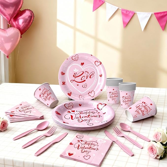 Valentines Day Tableware Set Sweet Heart Dinnerware Pack with Paper Plates, Cups, Napkin, Knives, Forks, Spoons - Valentine?셲 Day Party Supplies for Wedding,Anniversary, Birthday,Gatherings,Serves 16