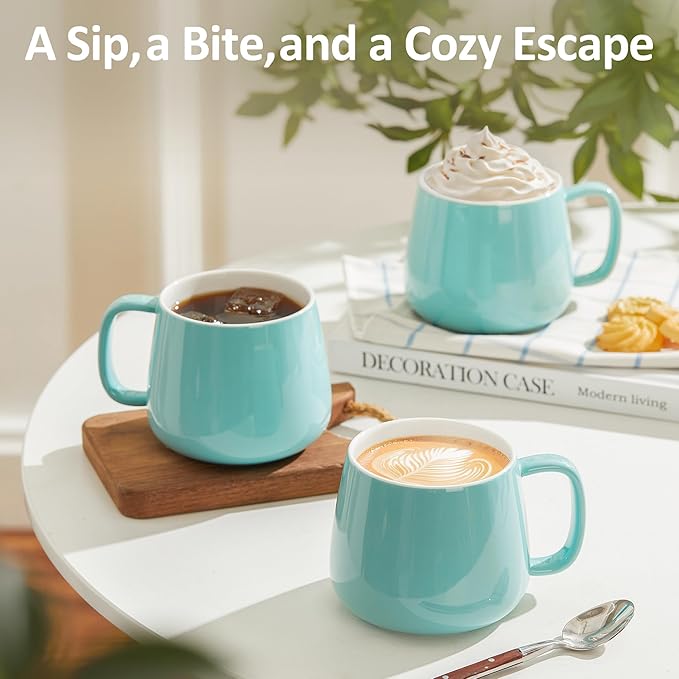 Teocera 16oz Ceramic Coffee Mugs Set of 4 ??Stackable Latte Cups, Microwave, Dishwasher & Oven Safe ??Ideal for Coffee, Cappuccino, Hot Chocolate, Housewarming Gifts, Turquoise