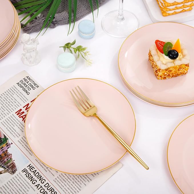 Rubtlamp 200Pcs Plastic Pink Dessert Plates with Disposable Gold Forks,Heavy Duty Pink Disposable Salad Platos,Gold Small Platos,Fancy Appetizer Plates for Mother's Day