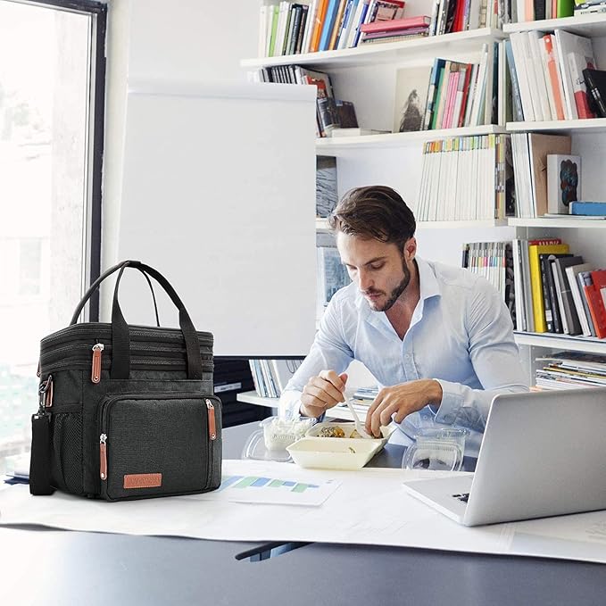 MOV COMPRA Lunch Bags for Men Women, Black Adult Lunch Box for Work, Expandable Leakproof Double Deck Lunch Box Cooler Tote Bag with Removable Shoulder Strap(Black)