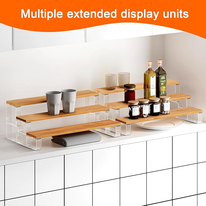 junyuan Spice Rack,3 Tier Spice Organization for Cabinet,Seasoning Organizer,Kitchen Counter Shelf,Bamboo Tiered Display Stand,Clear Extended Width 14"