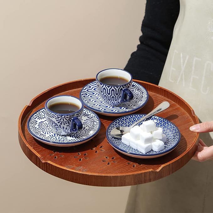 Selamica Ceramic 2 oz Espresso Cups, Small Expresso Coffee Cup Set with Saucers, Porcelain Mini Demitasse Cups for Latte Mocha Tea, Set of 6, Vintage Blue