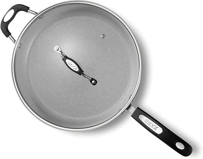 Starfrit The Rock Terra 30cm (12'') Ceramic Non-Stick Deep Fry Pan With Lid - Thick Aluminium Base - PFAS Free - Easy to Clean - Grey