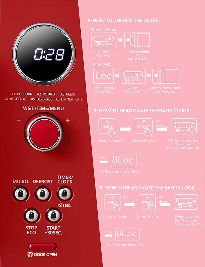 COMFEE' Retro Microwave Oven, Small Microwave with 6 Auto Menus, 0.9 cu.ft Countertop Compact Microwave with Multi-stage Cooking, Mute Function, LED digital, Red/900W, CMO-MMP02AA(RD)