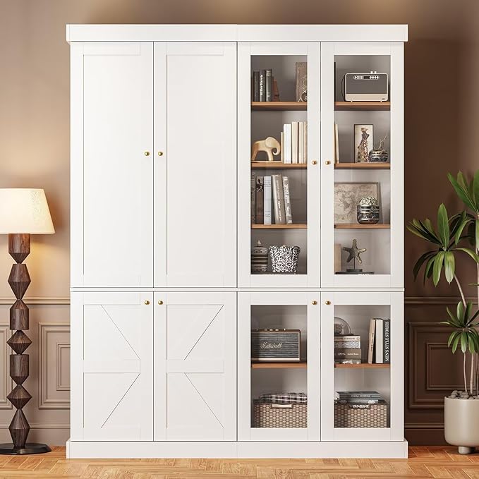 Vyre 70.8" Tall Farmhouse Bookshelf, Modular Bookcase with Glass Doors, 6-Tier Adjustable Shelves, Large Storage Cabinet for Kitchen, Living Room, White, Set of 4
