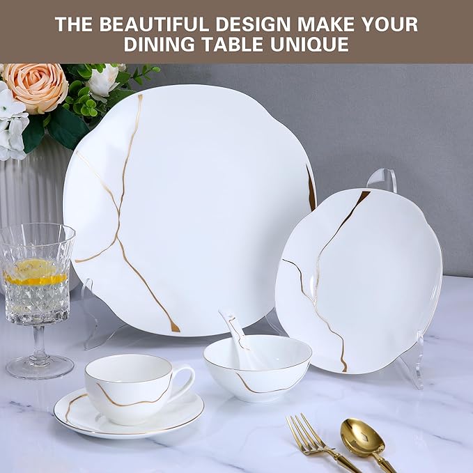24 Piece White Porcelain Dinnerware set for 4,Plates and Bowls Sets With Gold Rim and gold accents,Highly Chip and Crack Resistant | Dishwasher Safe Dishes Set