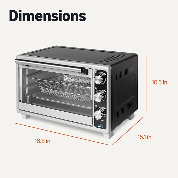 Amazon Basics 6-Slice 23-QT Toaster Oven with Built-In Air Fryer, 7-In-1 Cooking Options, 60-Min Timer & Adjustable Temperature (200??- 450??, With Accessories, 1500W, Stainless Steel, Silver/Gray