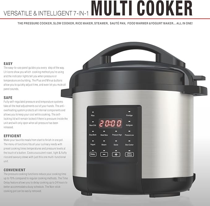 EMB Ironblade 7-in-1 Multi Cooker, 6-Liter, 1000W Stainless Steel Programmable Pressure Cooker, Slow Cooker, Rice Maker, Steamer, Saut챕 Pan, Food Warmer, Yogurt Maker
