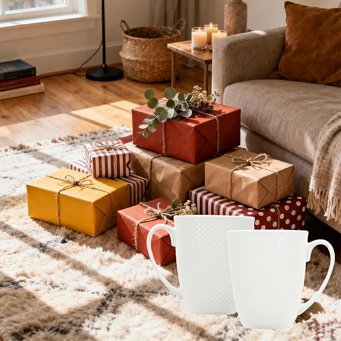 12 Oz White Coffee Mugs Set of 2, Fine Bone China Mugs, Ceramic Coffee Cups Set, Rhombus Relief Texture, Lightweight Tea Mugs for Latte, Hot Cocoa, Women, Men