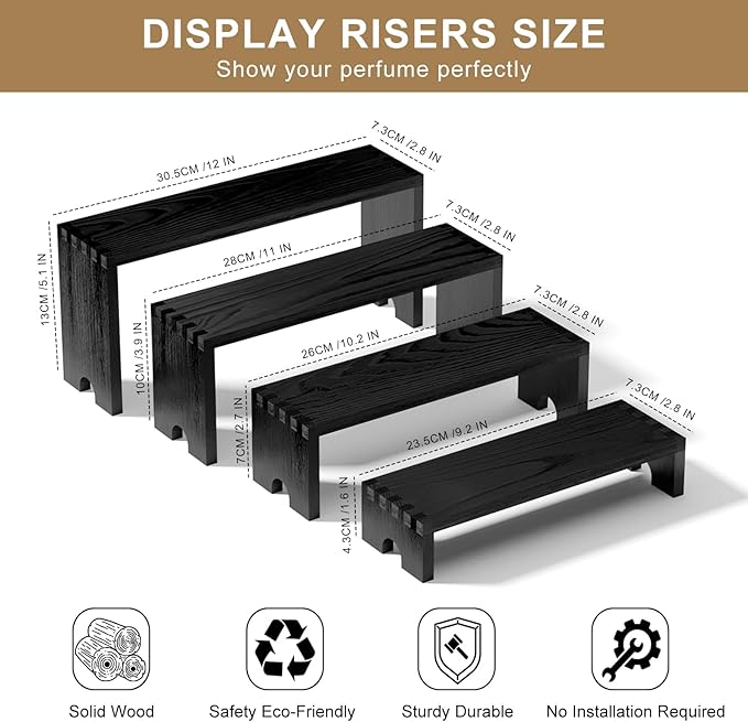 4 Set Large Black Wooden Tiered Riser Display Stands for Vendor Events,Stackable Wooden Cupcake Stand,Farmhouse Decor Wood Dessert Table Display Set,Vendor Booth Display Items,Food Display Risers for Party(12-11.2-10.4-9.6IN)