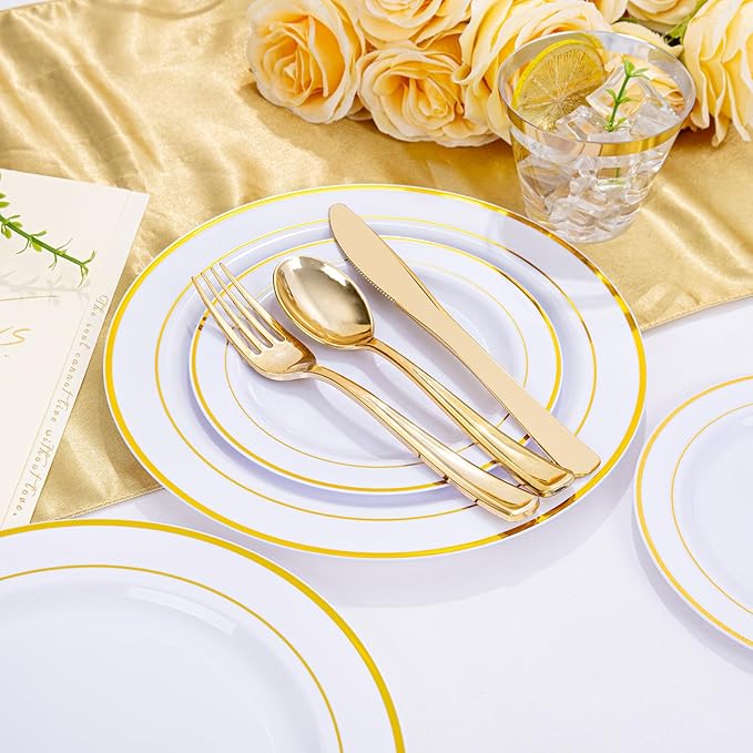 WELLIFE Gold Disposable Dinnerware Set for 100 Guests - 600PC BPA-Free Plastic Plates & Cutlery Kit with 100 Dinner Plates, Salad Plates, Forks, Knives, Spoons & Cups for Party, Catering (Heavy-Duty)