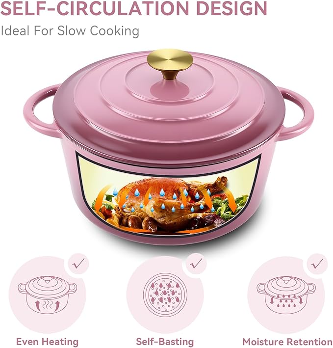 Miereirl 6 Quart Enameled Dutch Oven Pot with Lid, Cast Iron Dutch Oven with Dual Handles for Bread Baking, Cooking, Non-stick Enamel Coated Cookware, Rose