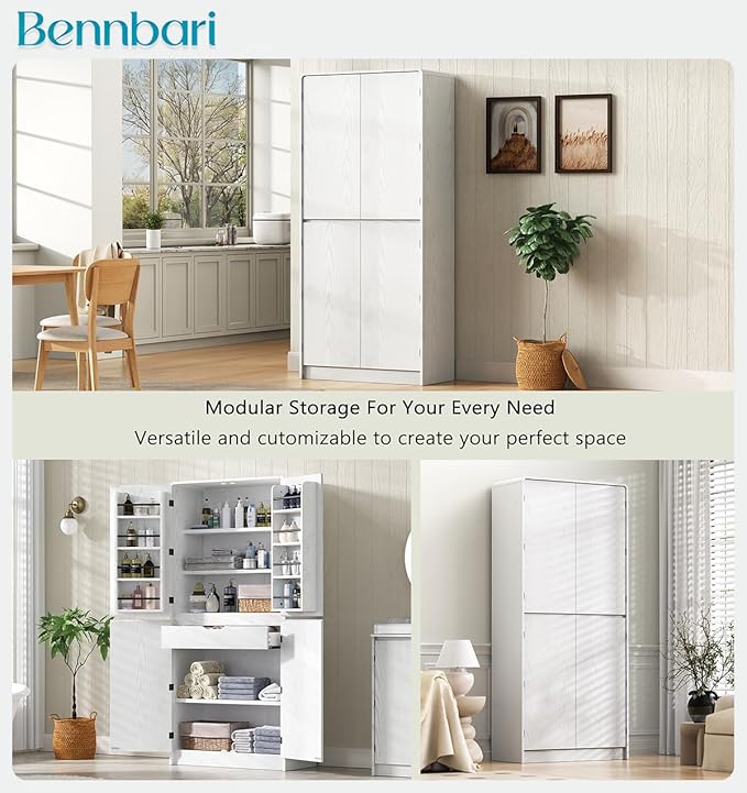 72" Tall Farmhouse Kitchen Pantry Cabinet with 8 Door Shelves, Curved Storage Cabinet with 3 Adjustable Shelves & Hidden Drawer, Versatile Cupboard for Kitchen, Dining & Bathroom (White)