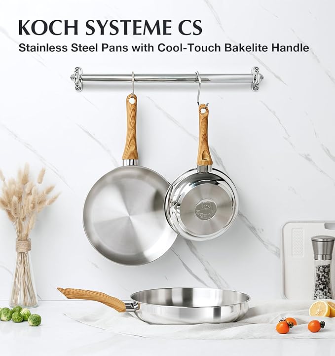 KOCH SYSTEME CS Stainless Steel Frying Pan Set of 3, 8"&10"&12" Stainless Steel Pans Set with Heat-resistant Bakelite Handle, Suitable for All Stove, Dishwasher Safe