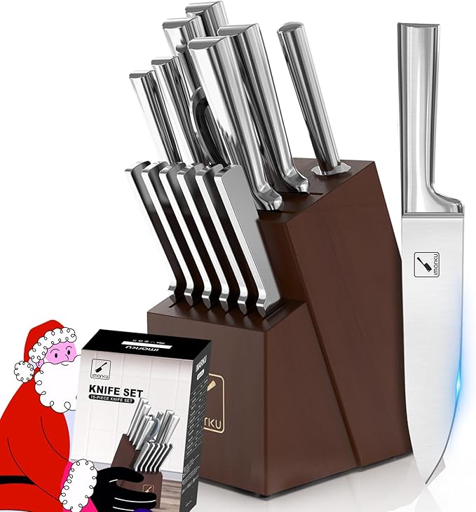 imarku Knife Set - Kitchen Knife Set 15 Pieces Japanese Stainless Steel Knife Block Set with Sharpener - Dishwasher Safe Kitchen's Knives - Ultra Sharp Chef Knife Set for Kitchen
